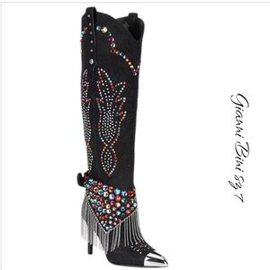 New Gianni Bini Kaitlin Denim Rhinestone Cowgirl Boots Fringe Festival 7